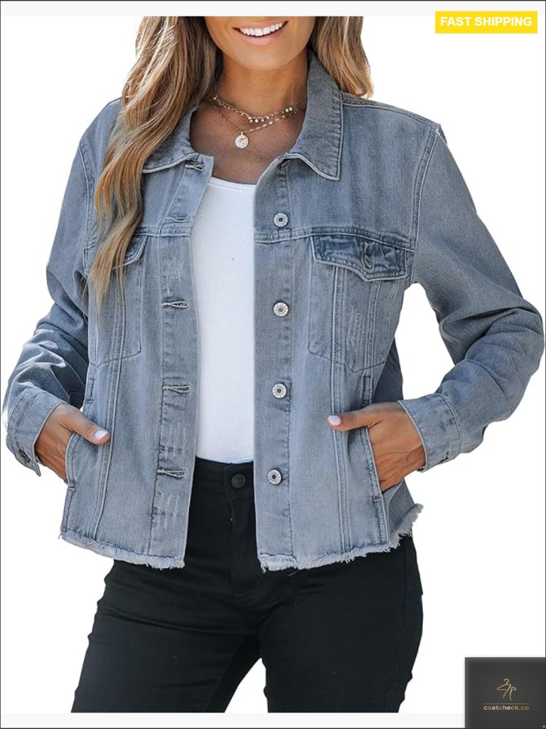 Women's Button Down Denim Trucker Jacket Distressed Frayed Hem Long Sleeve